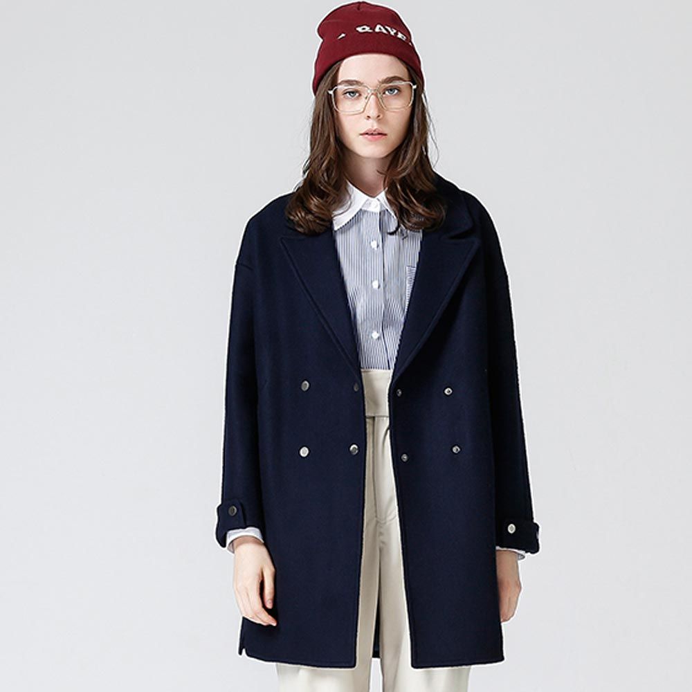 初语秋冬季新款宽松纯色女装大衣 中长款毛呢外套女潮8731214008