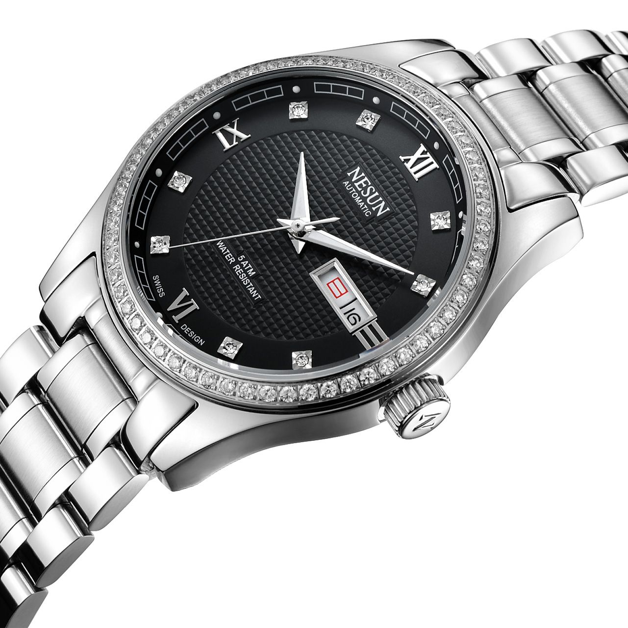 nesun尼尚 全自动背透机械表 防水夜光双日历男士手表 银边镶石黑面