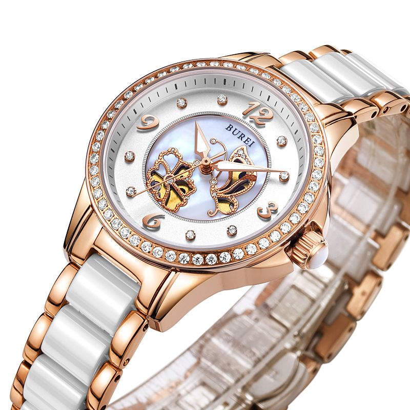 宝梭(burei)手表 女时尚潮流防水陶瓷石英女士蕾丝镂空女式表