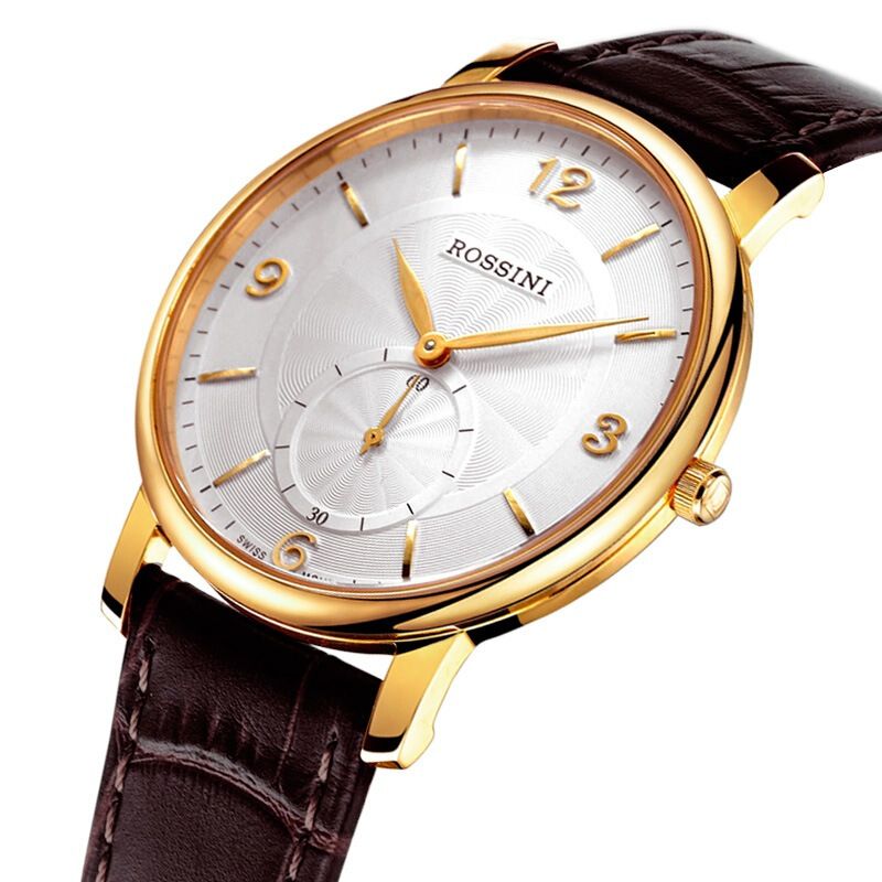 罗西尼 雅尊商务系列 竹叶金色表针 皮表带 石英情侣男表 sr6461g01c