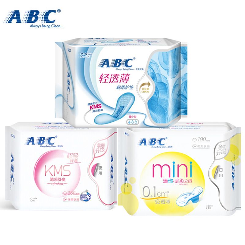 ABC 日用迷你巾棉柔190mm1包8片+ 纤薄棉柔夜用 280mm 1包8片+轻透薄护垫163mm 1包22片