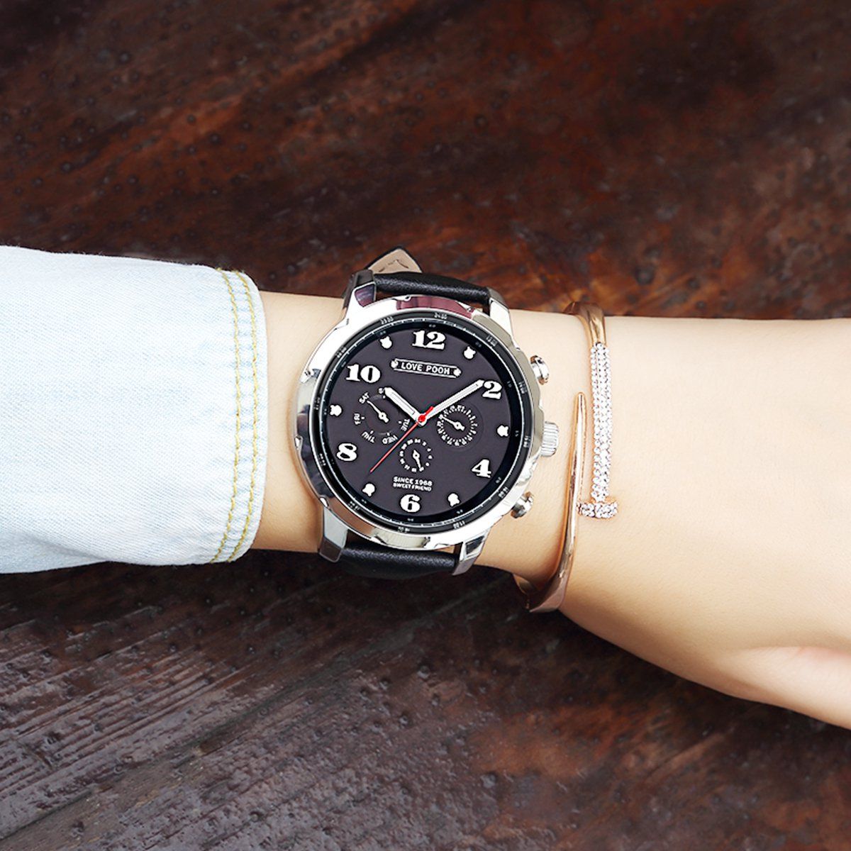 迪士尼【唯品会】disney欧美小三针大表盘时尚真皮表带男士手表女士