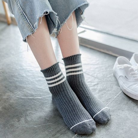 柔系 韩版卷边女袜 条纹秋冬中筒袜学院风休闲棉袜