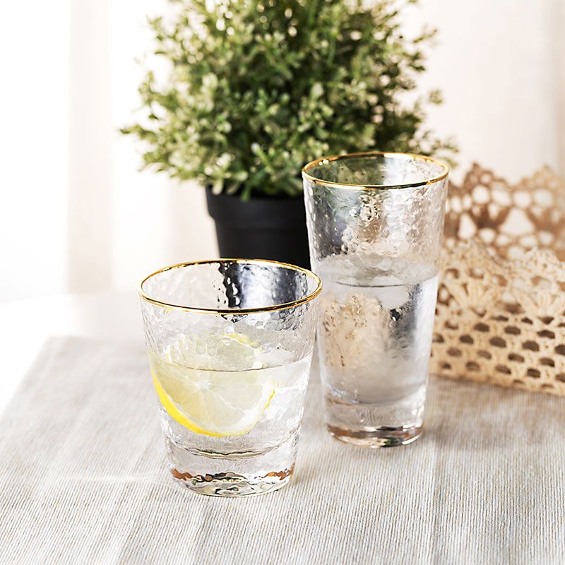 丽芙 锤目纹鎏金玻璃杯 家用水杯果汁杯牛奶杯威士忌酒杯办公室用冷热