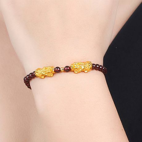 古钻 足金黄金石榴石貔貅手链女士3d硬足金貔貅转运珠 yjs0002