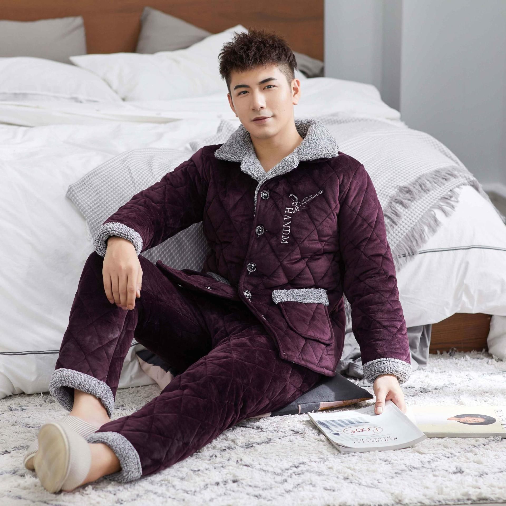 苏吉思 冬季男装三层加厚加绒珊瑚绒夹棉睡衣单件上衣冬装法兰绒保暖