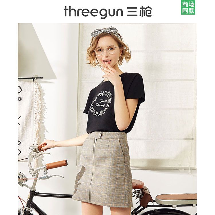 三枪 女t恤2019年春夏纯棉宽松卡通印花圆领短袖上衣女士t恤衫