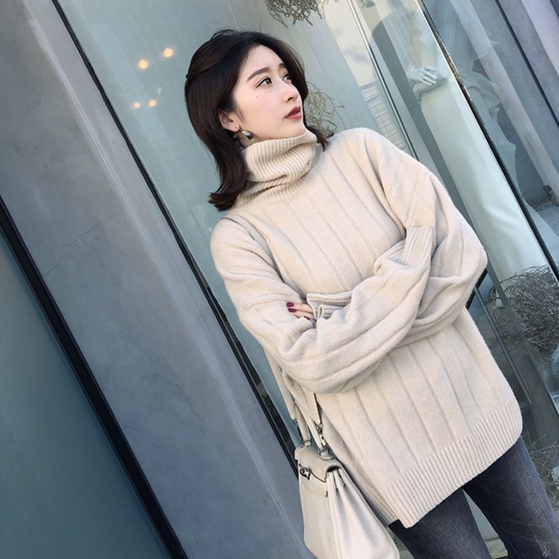 雅可希 秋冬毛衣女高领宽松套头针织衫新款韩版侧面开叉加厚保暖毛衣