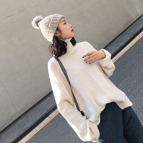 雅可希 2019秋冬新款高领慵懒毛衣显瘦针织衫气质宽松大码上衣女侧面