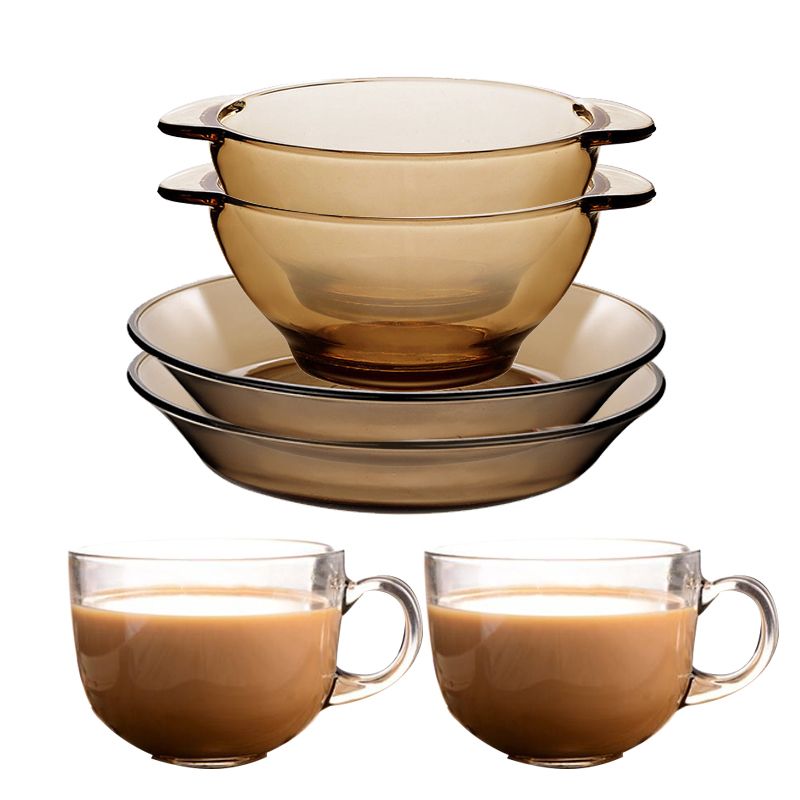 卡维特 北欧风茶色大号玻璃套装沙拉碗2个 盘子2个 杯子2个