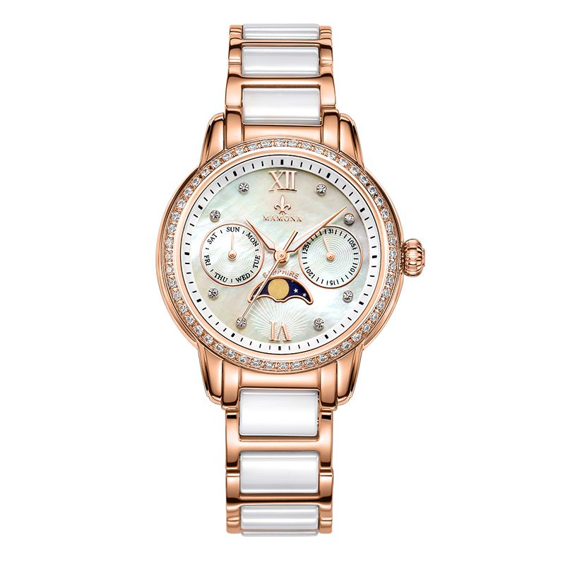 米纳 手表女正品时尚潮流白色气质陶瓷腕表新款多功能防水月相女表