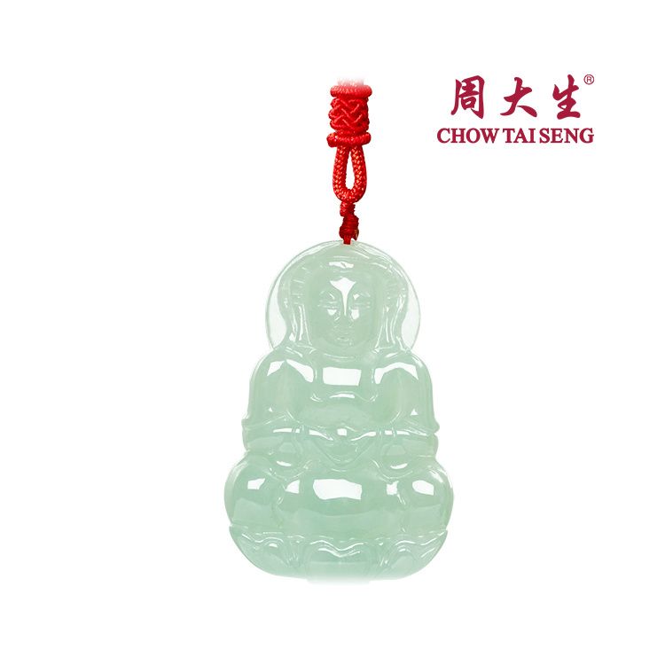 周大生 玉观音 天然正品冰糯种翡翠浅绿观音吊坠