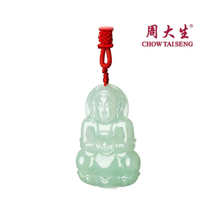 周大生 玉观音 天然冰绿翡翠观音吊坠配绳子