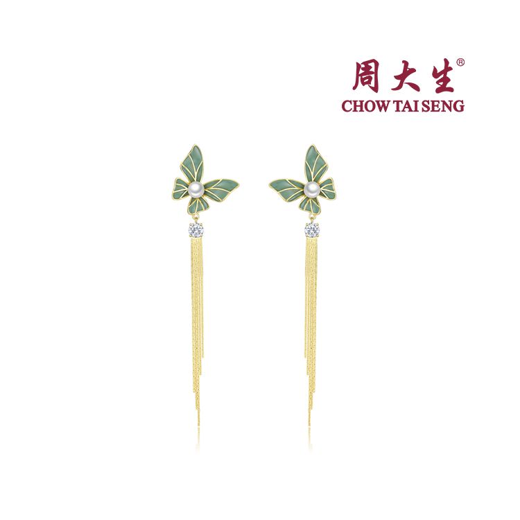 周大生 蝶恋 S925银珐琅蝴蝶珍珠流苏耳线耳钉