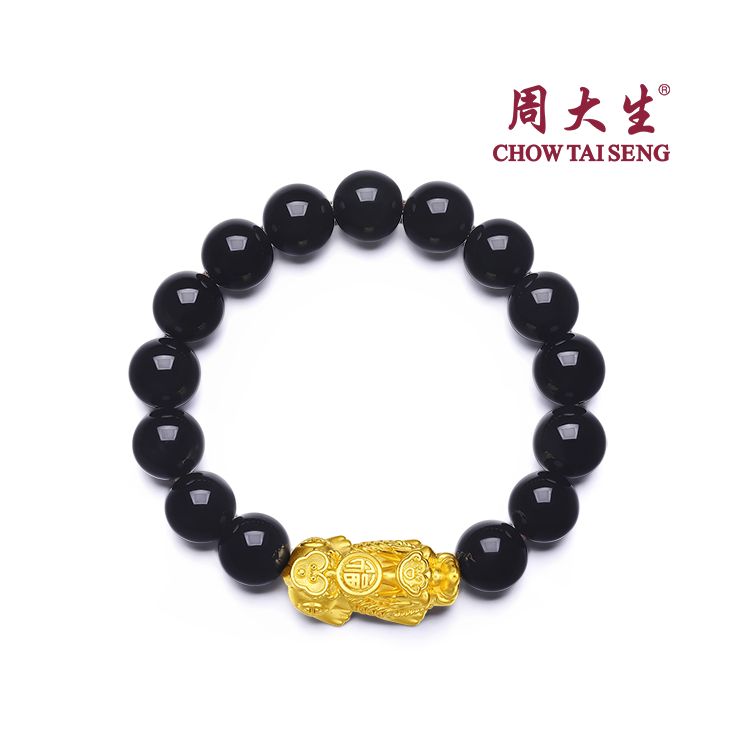 周大生 吉祥纳福 黄金3D硬足金黑曜石貔貅转运珠手串