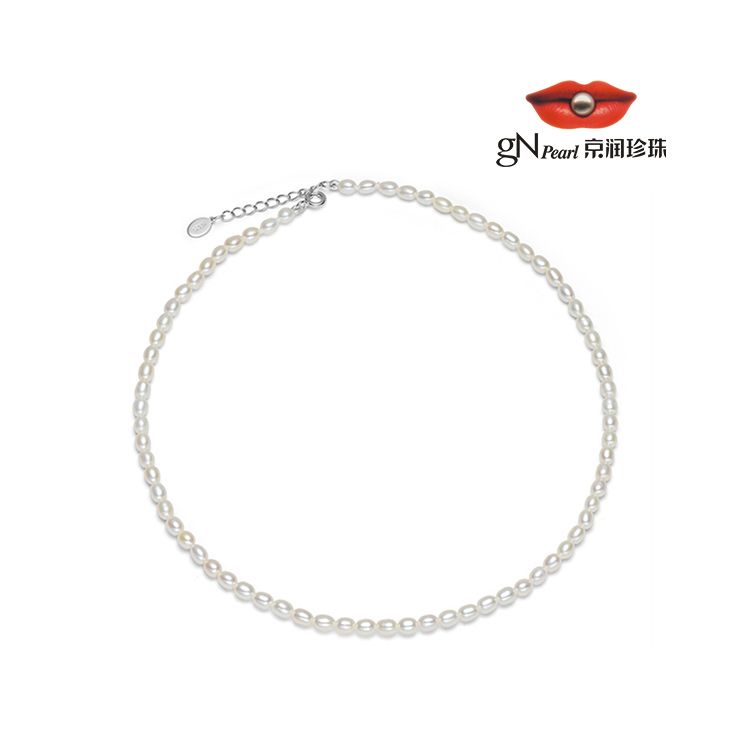 gN pearl/京润珍珠  锦书 S925银淡水珍珠项链 3-4mm 白色米形