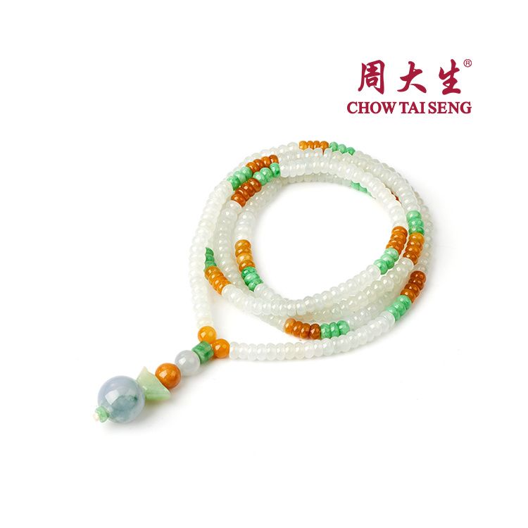 周大生 天然冰种圆珠翡翠三色福禄寿毛衣链串珠