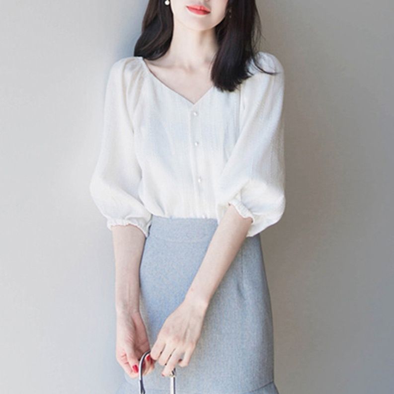 雅可希 2024夏季新款女装名媛五分灯笼袖纯色上衣鱼尾裙子两件套连衣裙女5945
