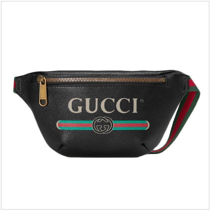 Gucci/古驰 男女同款腰包牛皮经典logo印花斜跨胸包黑色 意大利进口 双鑫国际