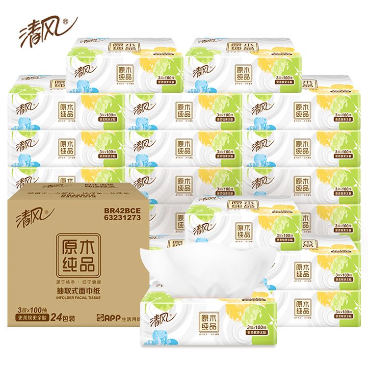 清风 原木3层100抽12包抽纸面巾纸