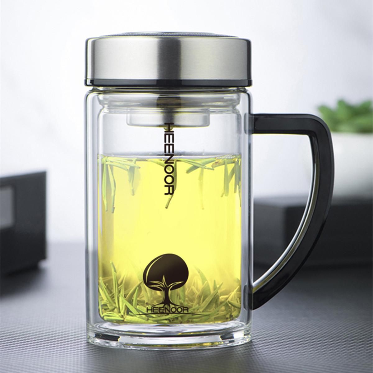 希诺 双层玻璃杯带把过滤办公室高档泡茶杯手柄创意便携玻璃水杯子 小熊杯盖-435ml 如颜色所示