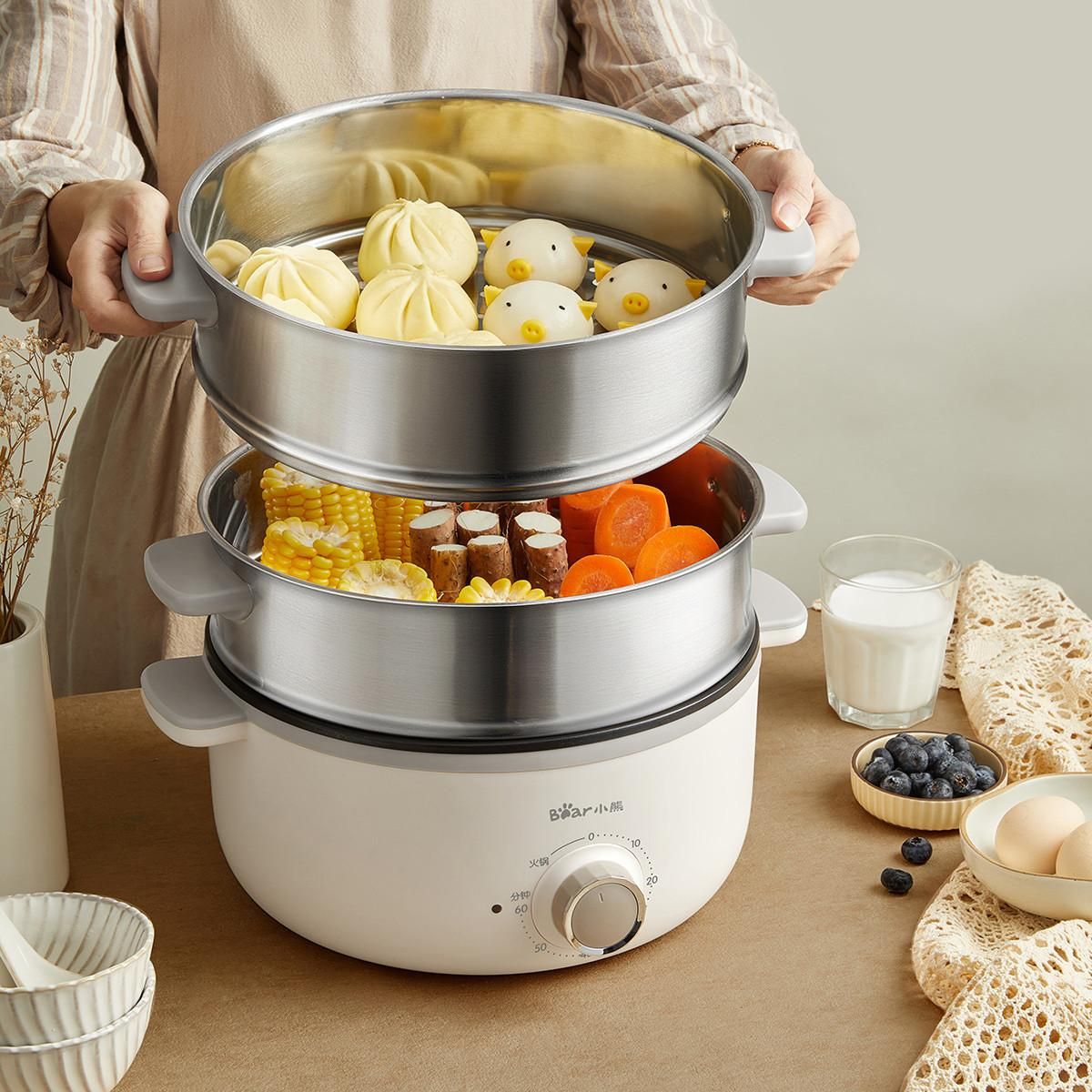 【蒸/煮/火锅多功能】小熊13升三层不锈钢定时多功能电蒸锅 米黄 均码