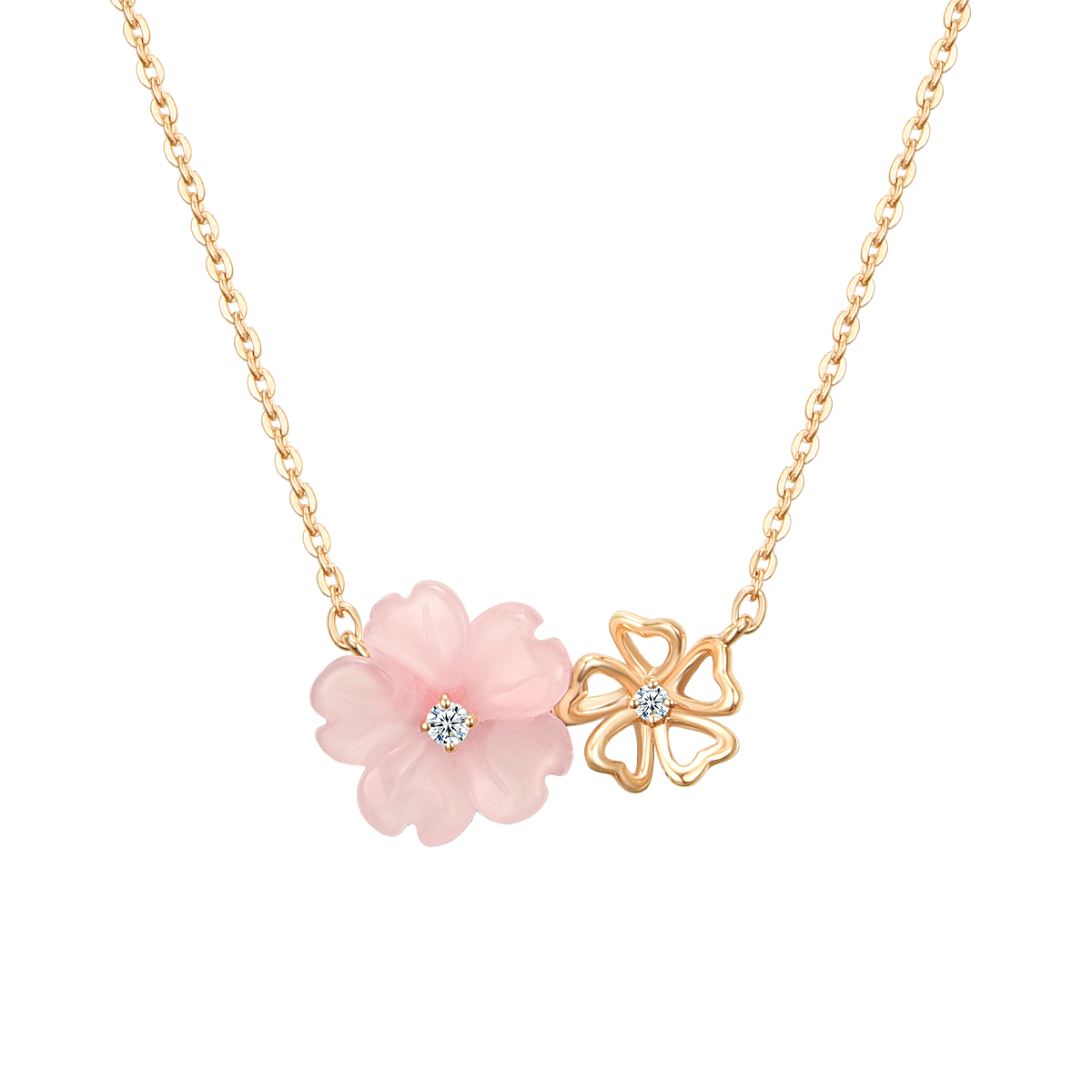 谢瑞麟 TSL谢瑞麟樱花系列18K金粉晶镶嵌钻石项链女玫瑰金芙蓉石套链送礼 BC221