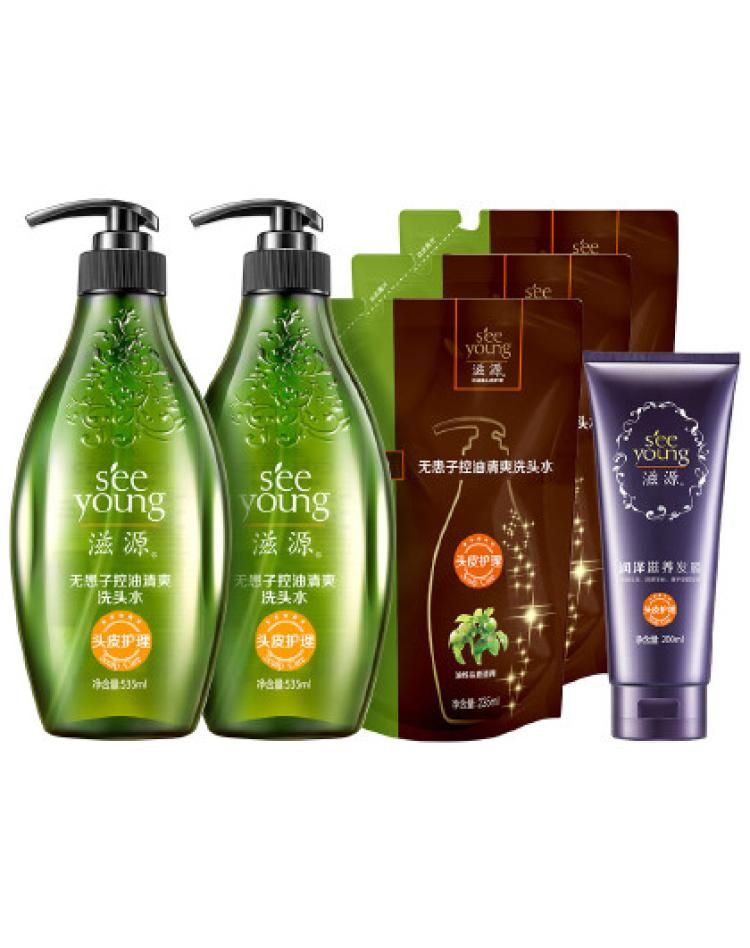 滋源 控油蓬松清爽洗发水1.97L无硅油洗发露洗发膏发膜洗护套装 无患子油性535ml*2+洗235ml*3+发膜200ml