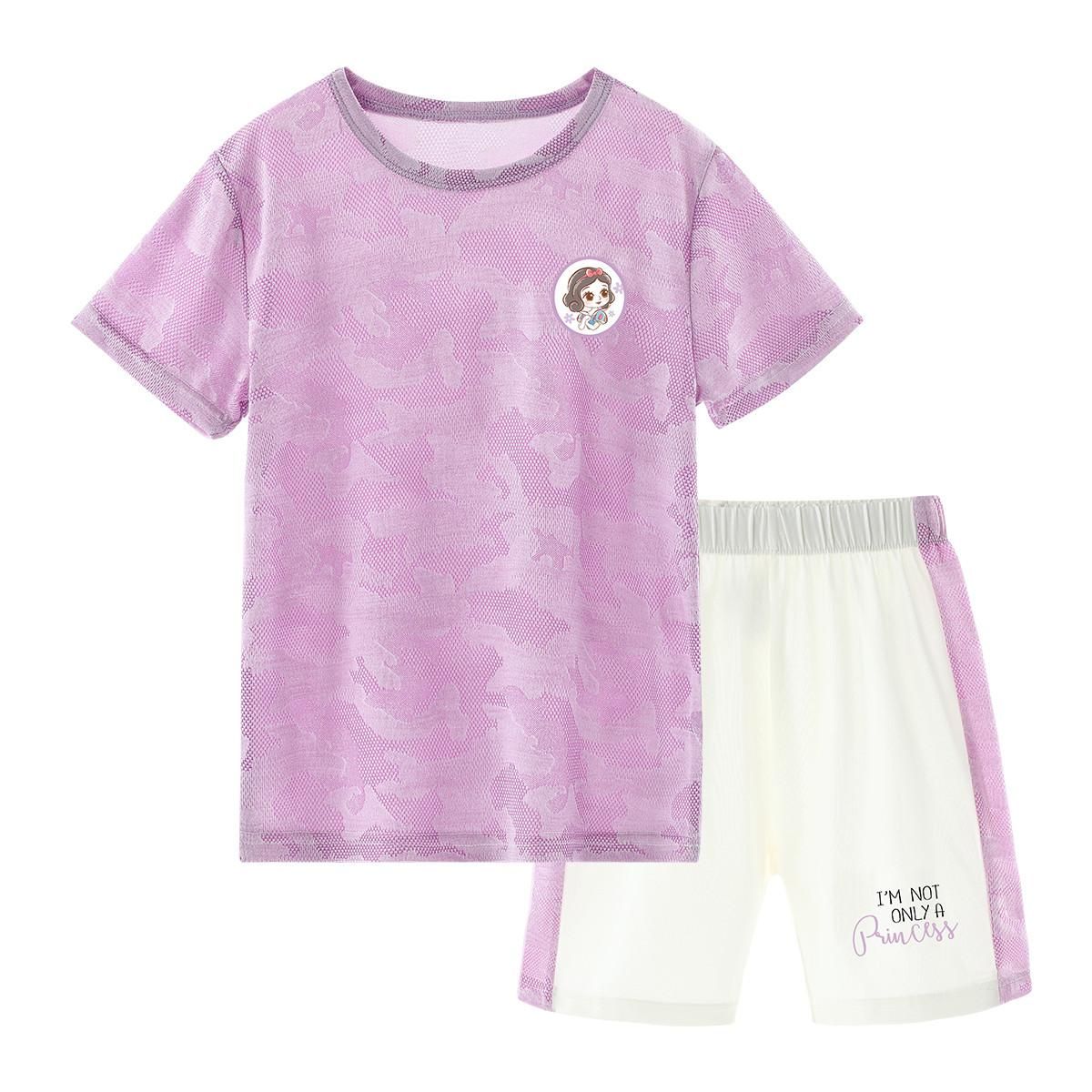 迪士尼 儿童速干衣套装夏季新款女童短袖短裤运动服大童宝宝两件套衣服 紫色白雪