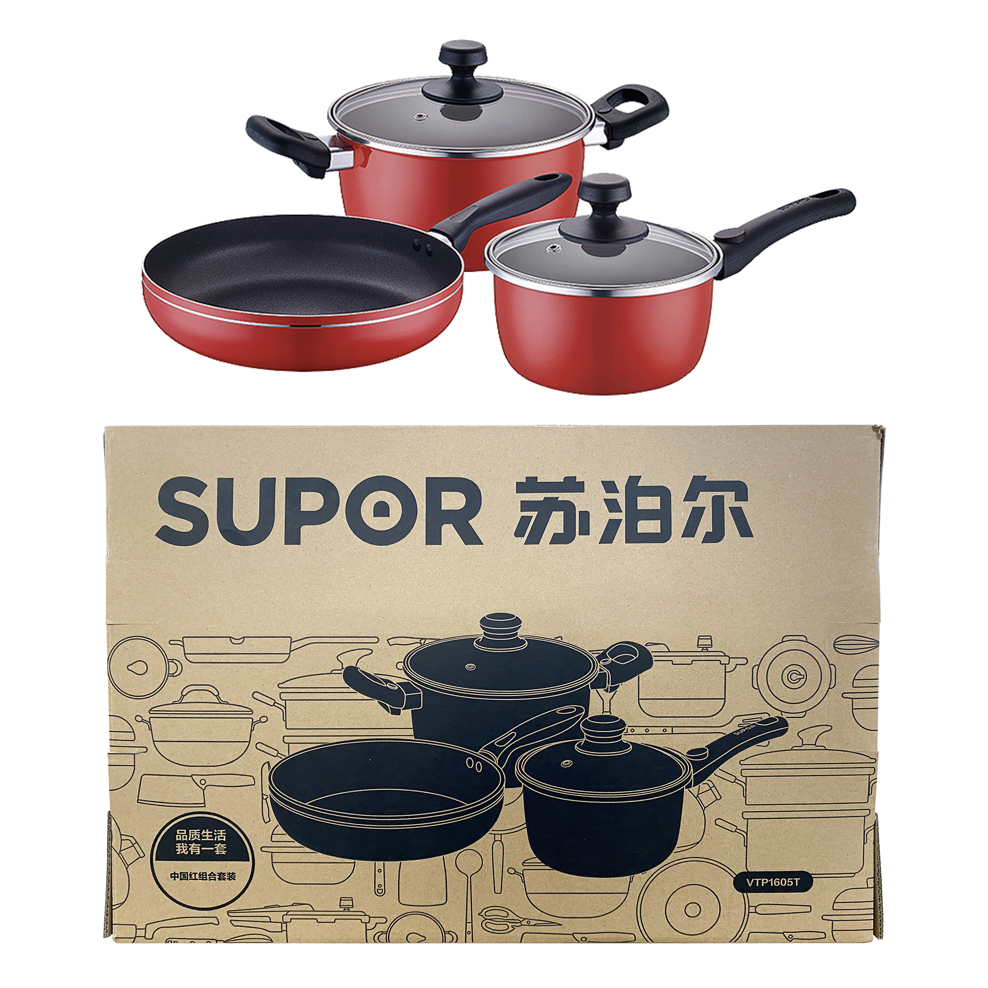苏泊尔中国红组合套装 28CM-煎锅 20CM-汤锅 16CM-奶锅