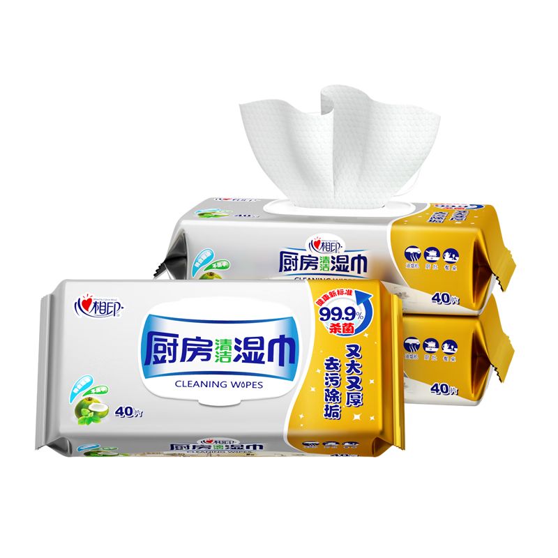 京东直供 心相印厨房湿巾 40抽*3包 金装去污去油厨房专用湿纸巾 新老包装随机发