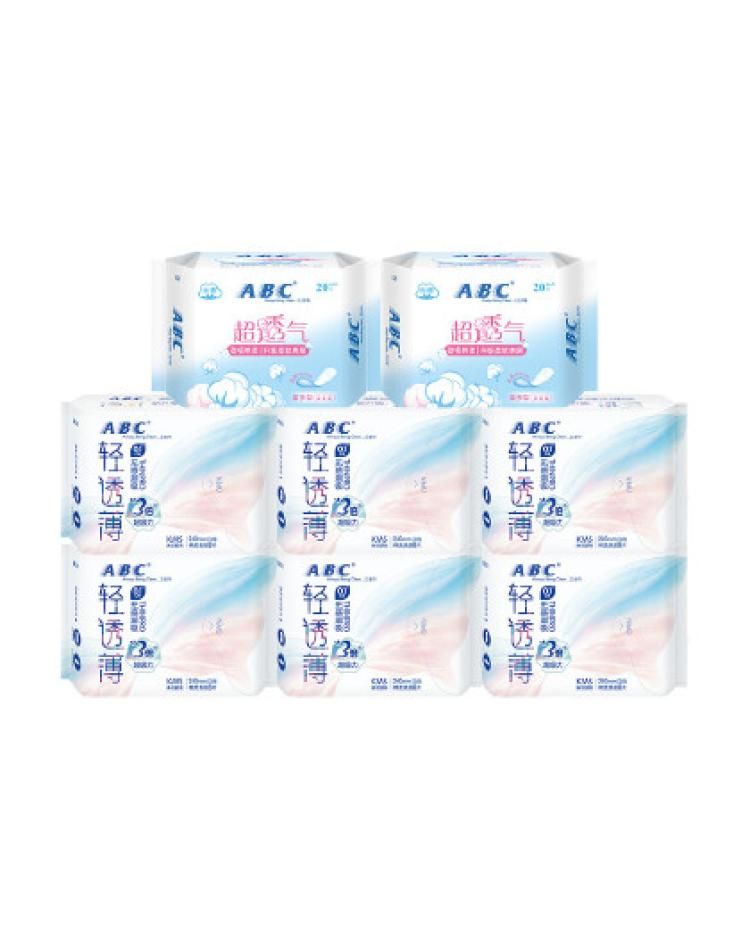 ABC 【日用】棉柔超透气姨妈巾卫生巾女整箱日用护垫轻透薄8包88片 240mm*6包+163mm*2包
