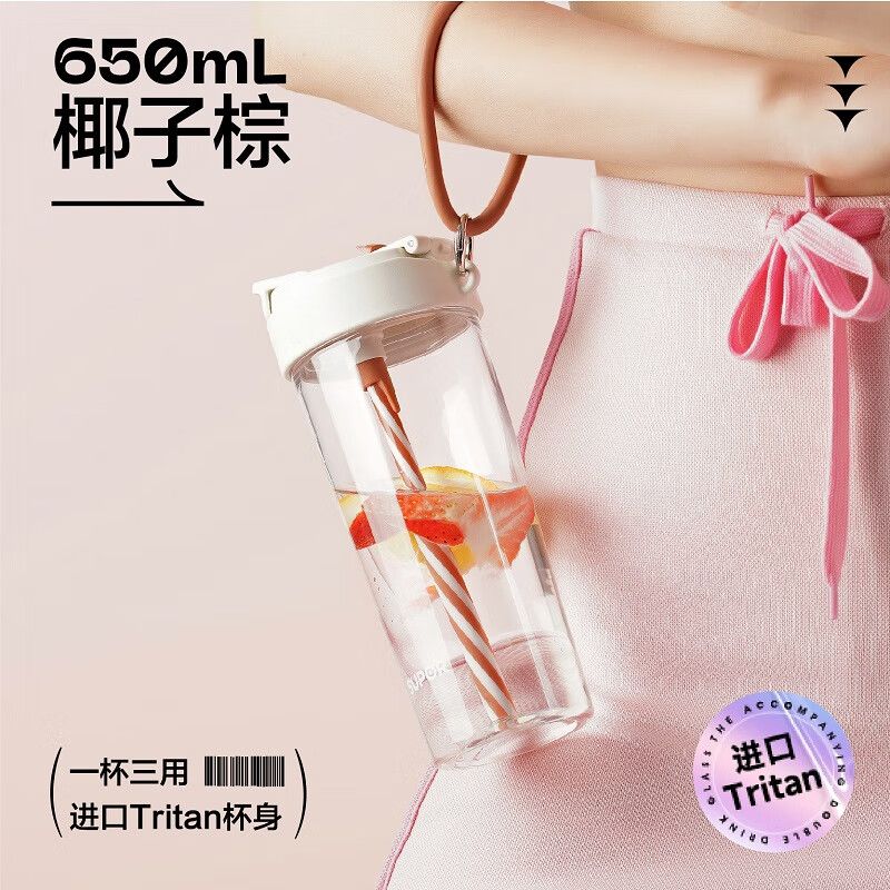 苏泊尔 水杯塑料杯650ml大容量带吸管 高颜值tritan材质便携随行杯 硅胶提手 KCP65JT10 