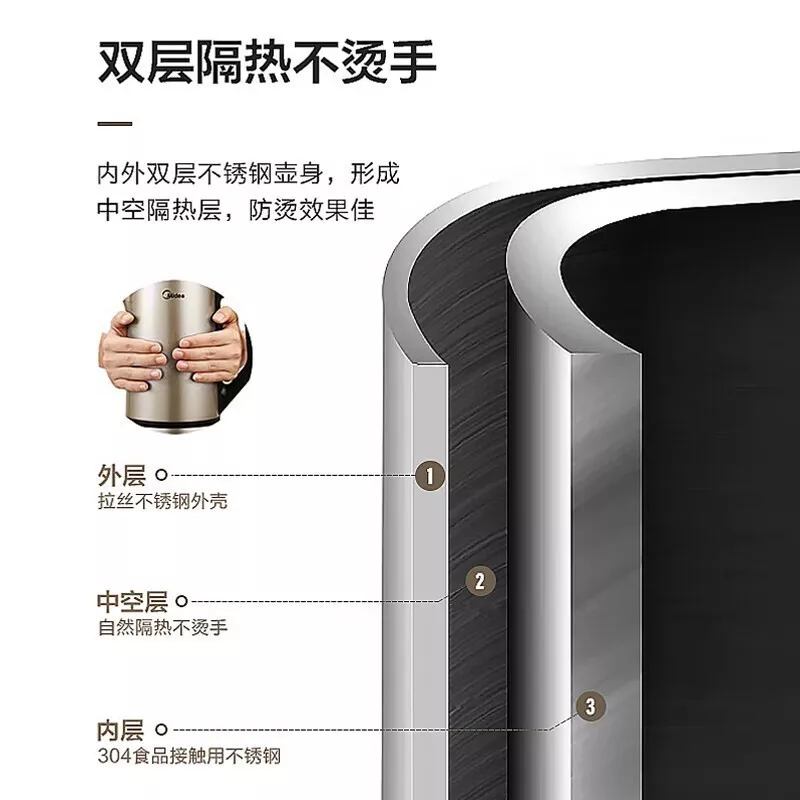 美的 （Midea） 电热水壶家用1.7L烧水壶双钢防烫防干烧热水壶304不锈钢电水壶PJ17A01