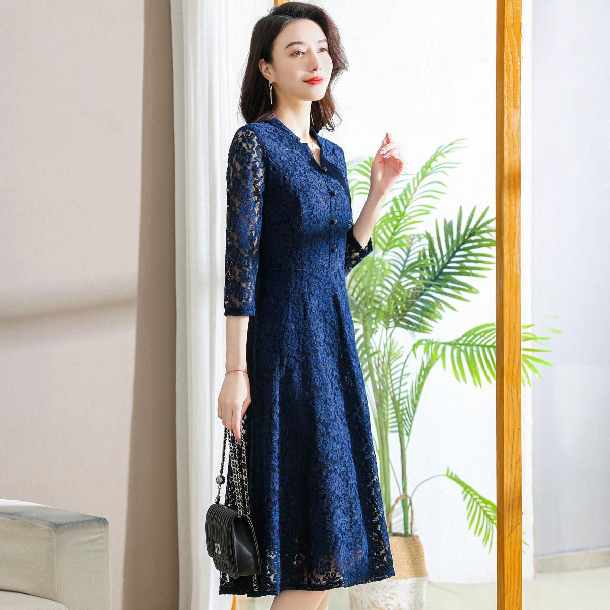 雅鹿 【礼服连衣裙】婚宴妈妈装春秋款中国风连衣裙洋气婚庆蕾丝长裙 藏青