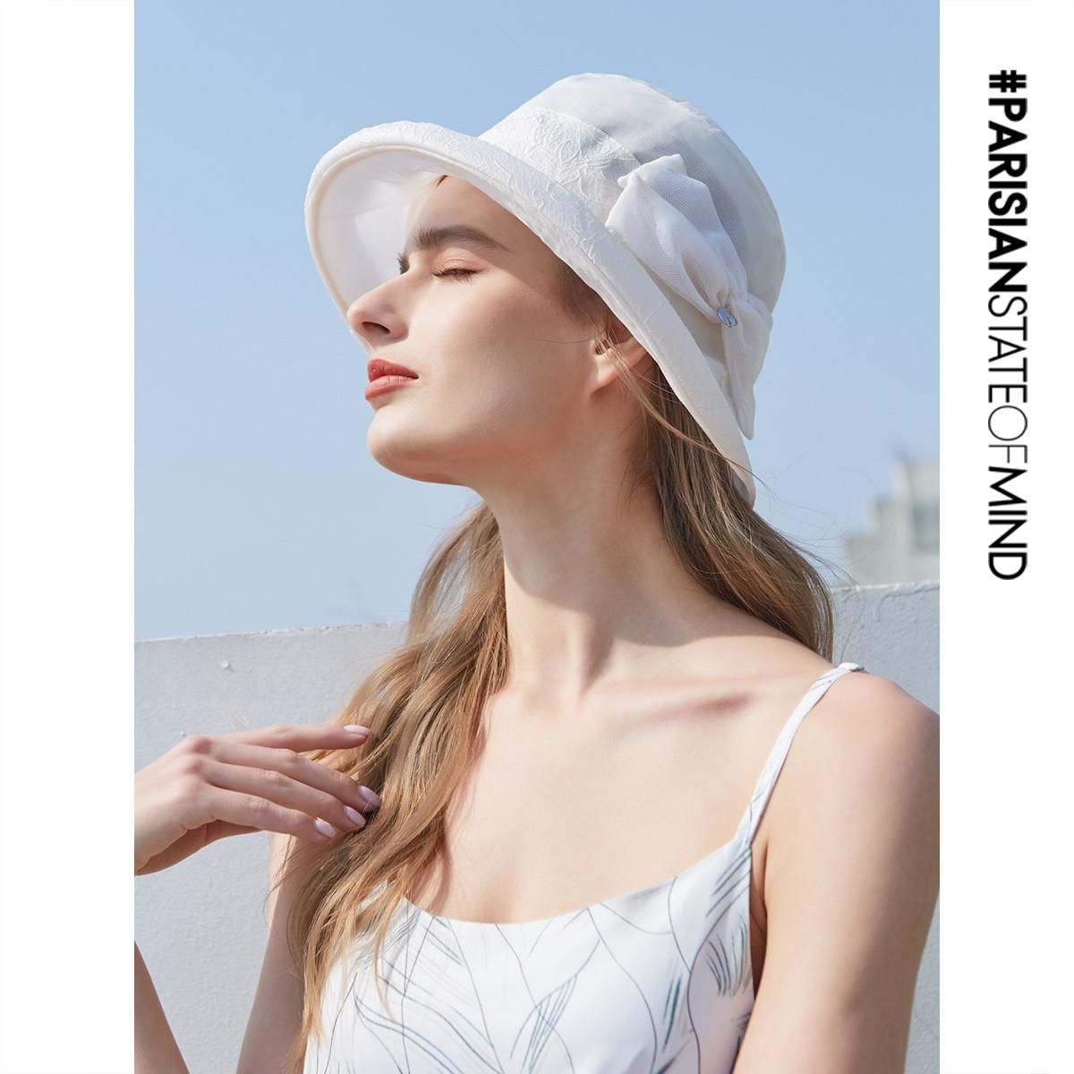 ELLE 2023新款帽子拼接肌理桑蚕丝时装帽真丝帽女士遮阳帽法式优雅 米白