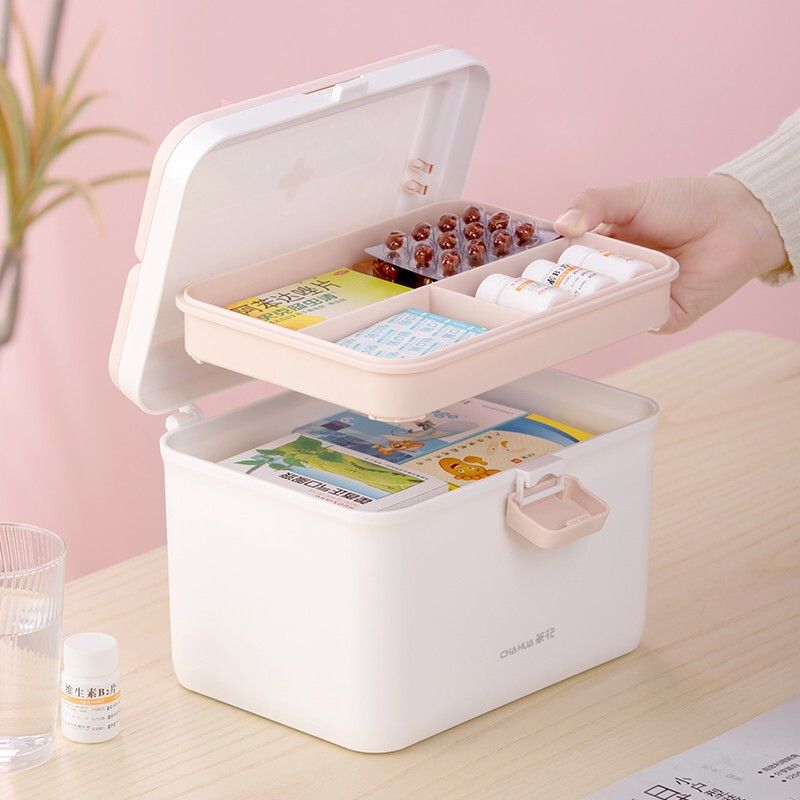 茶花 利佳手提药箱 双层药箱家用药品药物收纳盒子宿舍收纳箱分区收纳卡扣设计多格PP材质加深大容量小件整理箱子