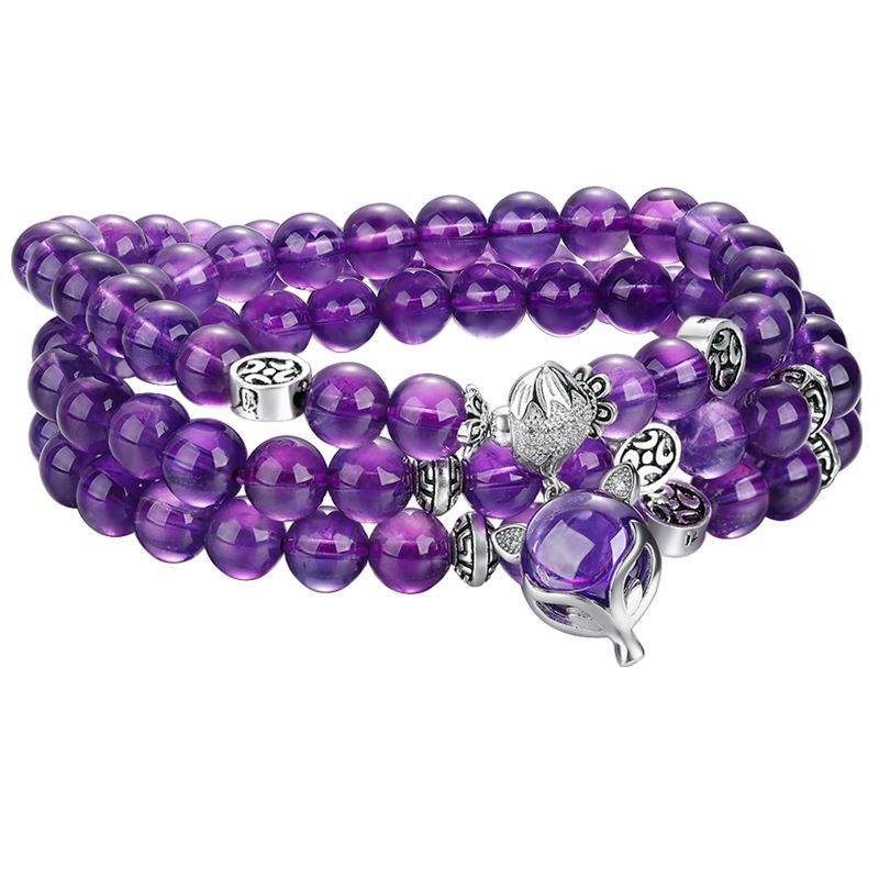 京东直供 石玥珠宝精品6mm天然紫水晶手链银狐狸本命年九紫离火手串男女士款礼物