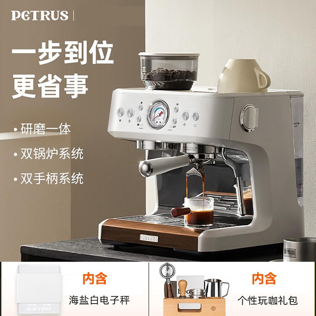 柏翠 PE3899双锅炉双手柄研磨意式咖啡机家用商用奶泡机豆粉两用 海盐白 均码（F）