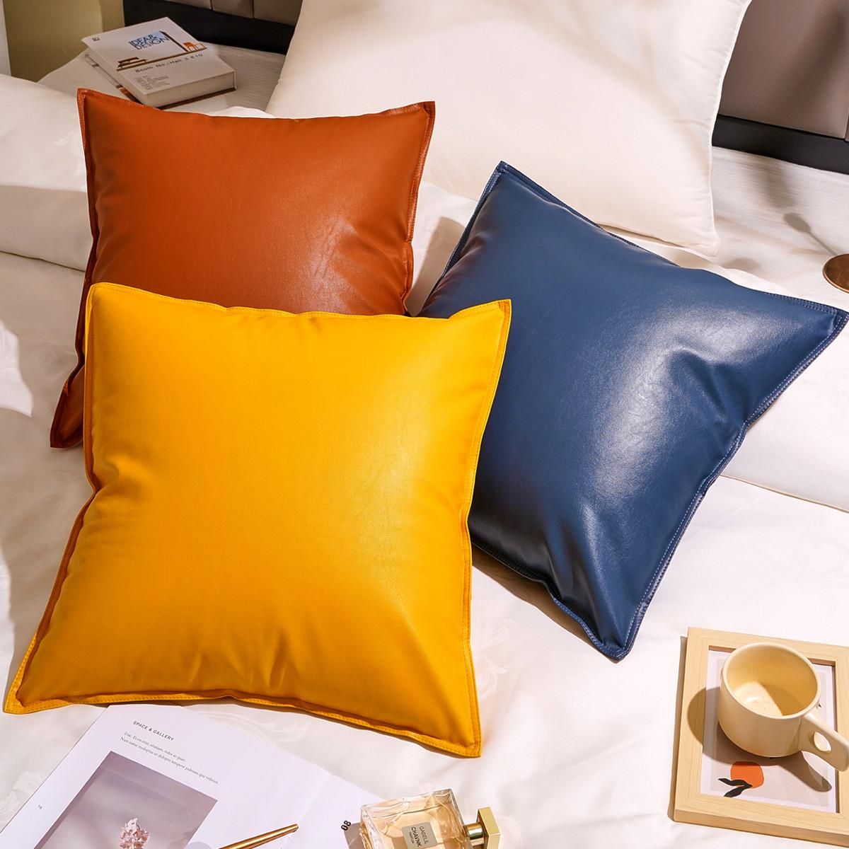 艾维 简约pu双面皮革靠枕床头靠垫客厅沙发靠枕飘窗靠背抱枕 雾霾蓝 45*45cm