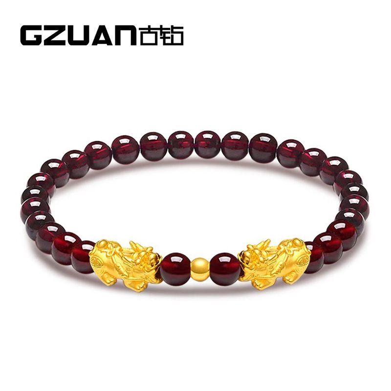 古钻 GZUAN珠宝 足金黄金石榴石貔貅手链女士3D硬足金貔貅转运珠 YJS0002