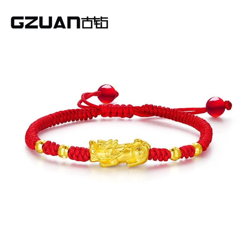 古钻  GZUAN  3D硬足金黄金小清新精美红绳貔貅转运珠女手链  YJS0004