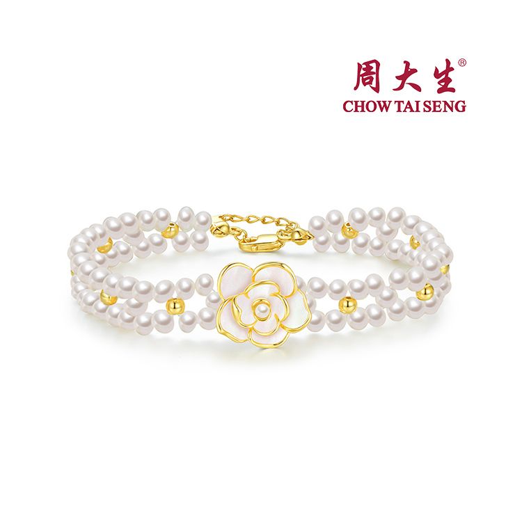 周大生 法式山茶花珍珠手链纯银女气质轻奢小众双层手串七夕礼物