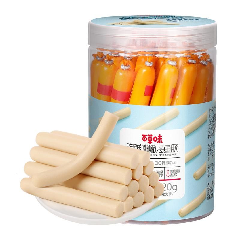 天猫 百草味深海鱼肠420g*1罐28支宝宝儿童休闲零食火腿肠肉肠网红小吃 弹弹嫩嫩海鱼肠 420g（原味） .