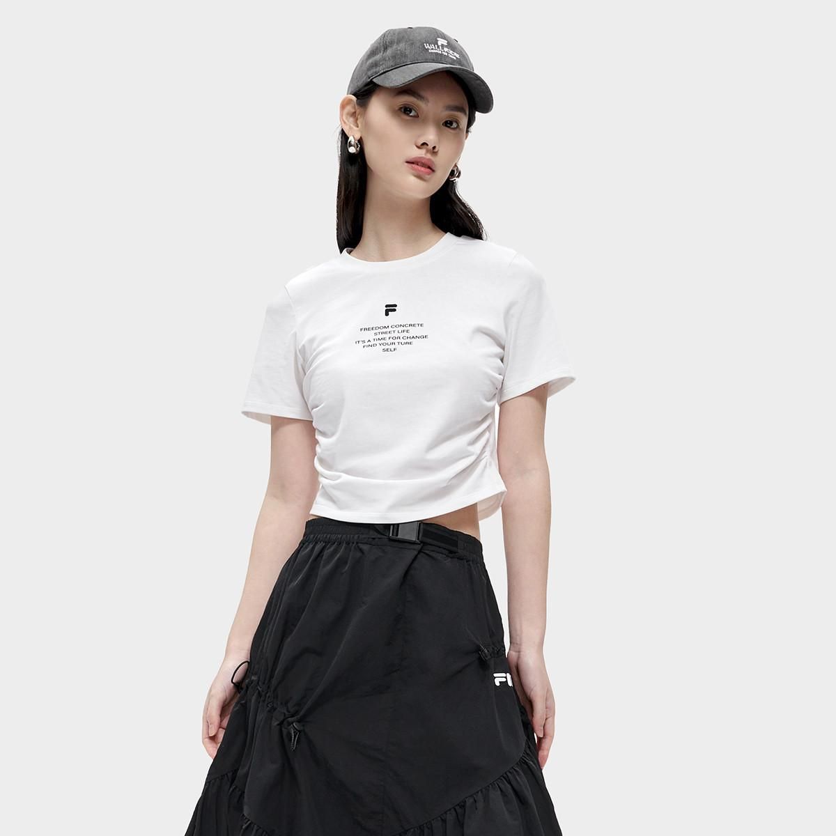 斐乐 女装FUSION系列时尚潮流女式运动T恤女百搭基础针织短袖衫 标准白