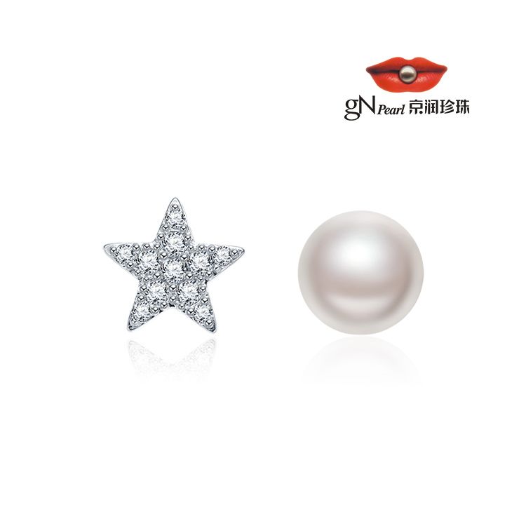 gN pearl/京润珍珠 闪星合金AB星星淡水珍珠耳钉6-7mm白色馒头