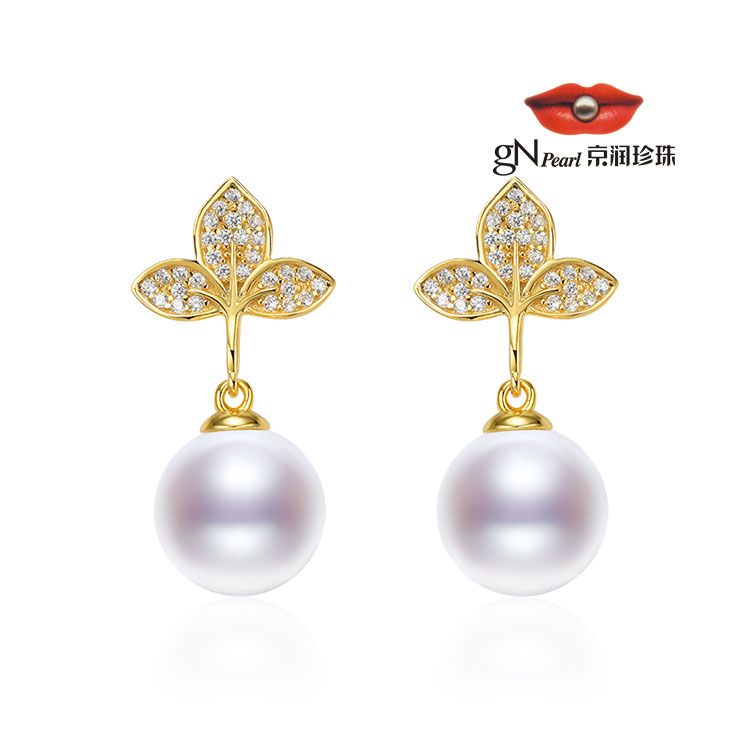 gN pearl/京润珍珠 蕙兰 S925银淡水珍珠耳钉9-10mm白色圆形