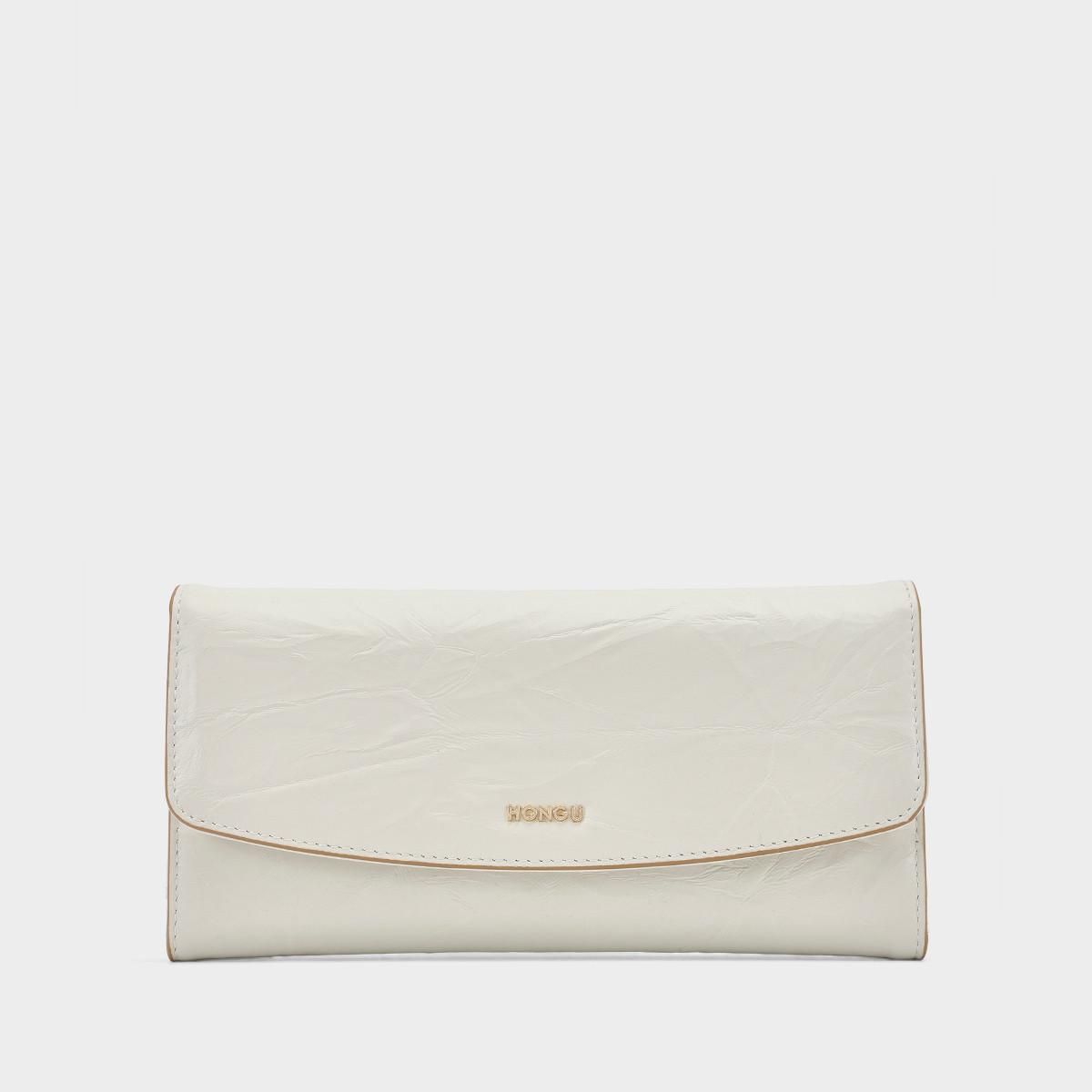 HONGU 38焕新女士钱包2026年新款手抓纹褶皱真皮长款折叠钱夹卡包 米白 19*3.5*9.5cm