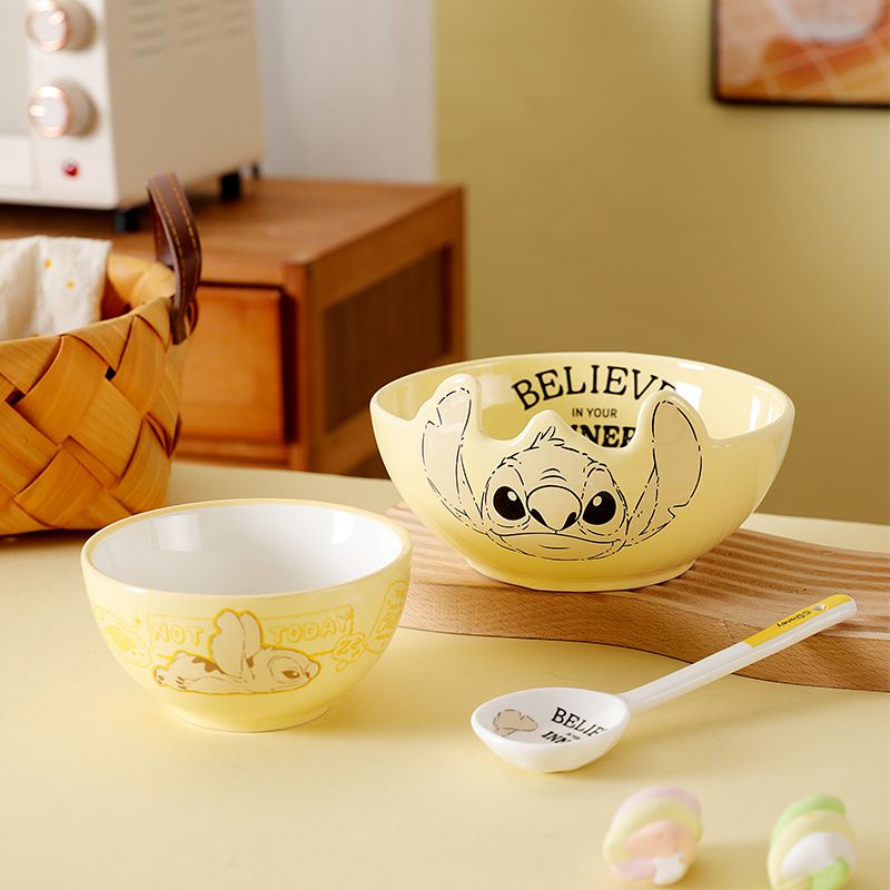 DISNEY 迪士尼奶油风可爱卡通史迪仔陶瓷餐具3件套 家用碗碟套装吃饭碗汤碗