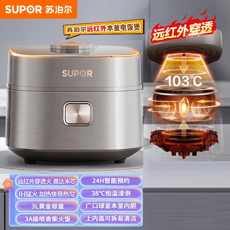 苏泊尔 （SUPOR）电饭煲家用3L 大火力远红外广口球底本釜内胆防溢沸煮IH电磁加热电饭煲SF30HC85